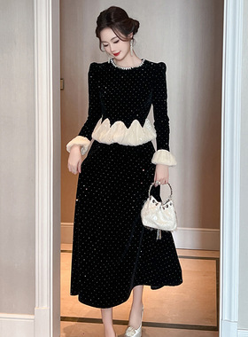 2025春装新款女装重工气质烫钻荷叶边收腰赫本风a字连衣裙45056