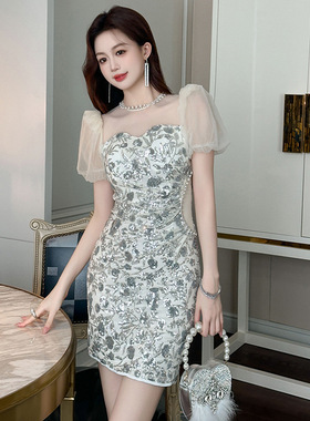 2025夏季新款女装法式圆领网纱泡泡袖修身包臀亮片连衣裙50819