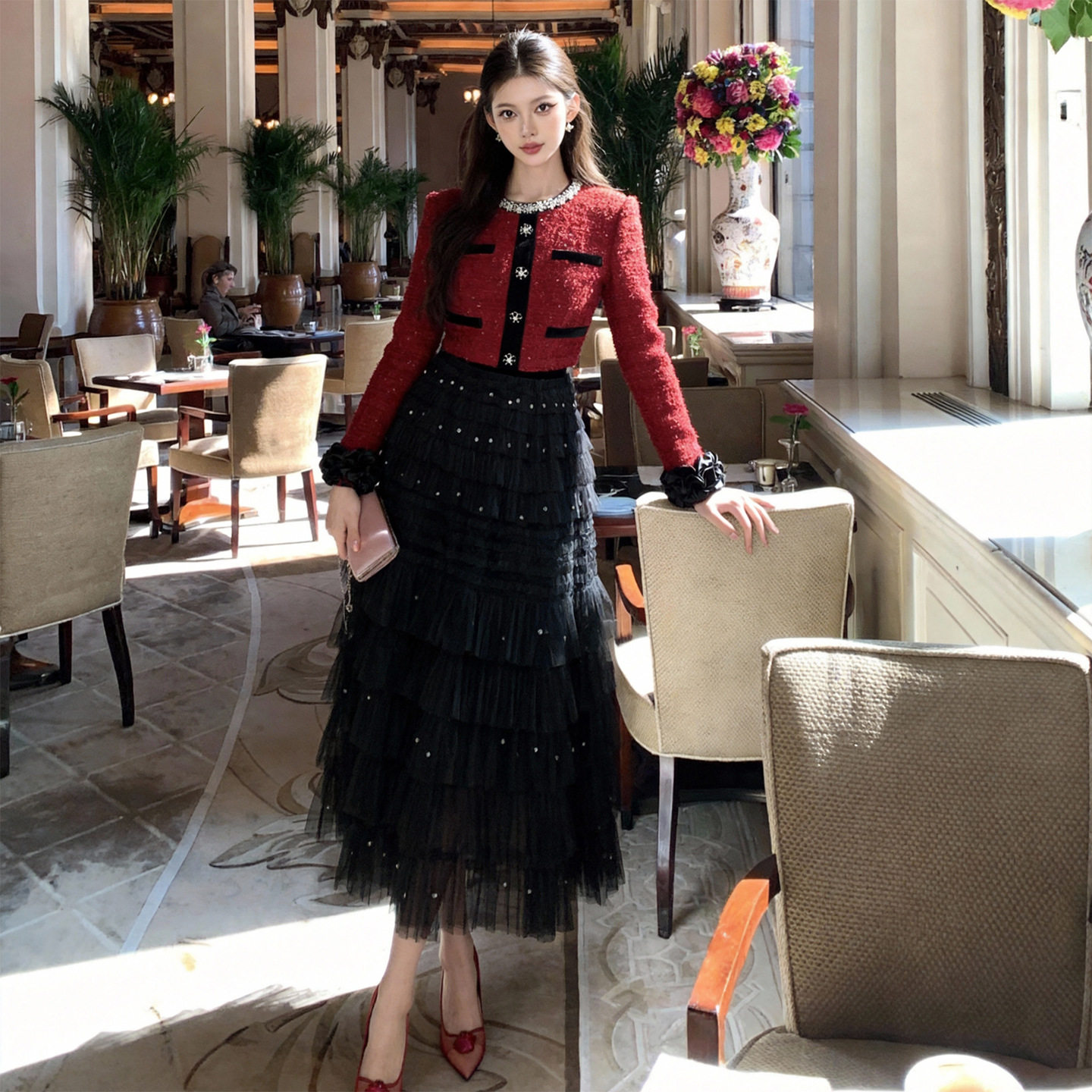 2026春装新款女装小香风拼接网纱蓬蓬连衣裙名媛气质礼服裙45493