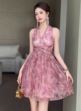 夏季新款鎏金玫瑰挂脖网纱收腰无袖连衣裙女度假仙女蓬蓬裙70331