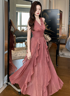 海边度假长裙2025夏季新款法式V字领收腰不规则雪纺连衣裙女50911