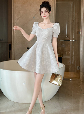 夏季新款法式简约灰色一字肩吊带小礼服气质修身连衣裙子女21381