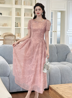 2025夏季新款女装端庄气质镶钻圆领收腰长款粉色蕾丝连衣裙21766