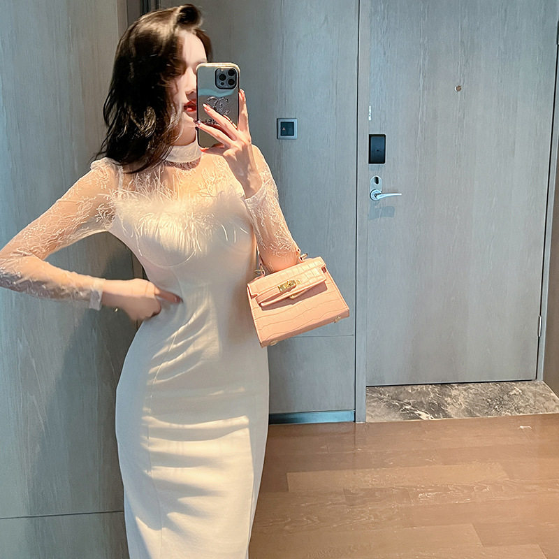 财阀千金礼服裙2025秋季纯欲风气质毛毛抹胸修身名媛连衣裙20708