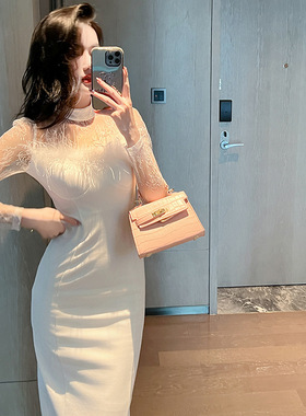 财阀千金礼服裙2025秋季纯欲风气质毛毛抹胸修身名媛连衣裙20708