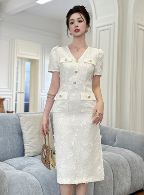 2025夏季新款女装小香风气质V领修身包臀正式场合白色连衣裙21784