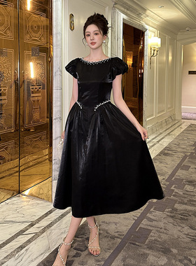宴会晚礼服裙2025夏季新款女装重工镶钻收腰大摆黑色连衣裙45153