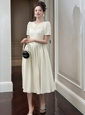 2025夏季新款女法式重工珍珠领收腰大摆遮肚显瘦短袖连衣裙80270