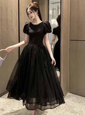 大摆裙黑色拼接连衣裙长款夏季新款大码大摆长裙气质名媛风 45122