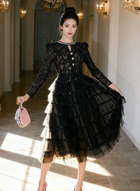 秋冬名媛气质黑色蕾丝钉珠蛋糕裙女长袖网纱收腰宴会连衣裙45425
