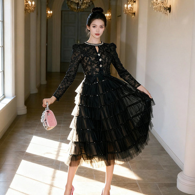 秋冬名媛气质黑色蕾丝钉珠蛋糕裙女长袖网纱收腰宴会连衣裙45425