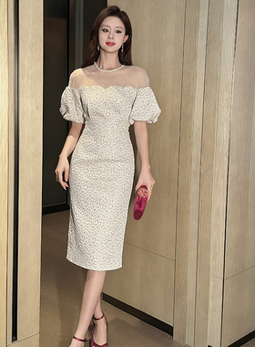 礼服裙女2025夏季新款法式一字领露肩泡泡袖修身包臀连衣裙21742