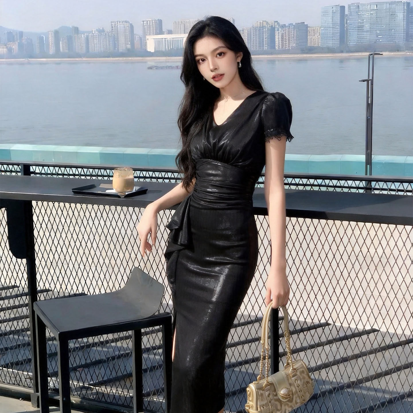 法式泡泡袖蕾丝边连衣裙高腰显瘦荷叶边开叉修身中长礼服裙31614