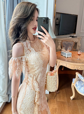2025夏季新款女名媛圆领气质插肩袖修身钉珠蕾丝鱼尾连衣裙20378