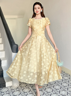 法式波点连衣裙2025新款夏季女设计感裙子收腰显瘦过膝长裙45203