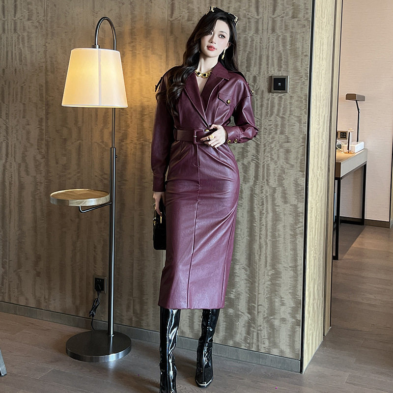 2025春装新款欧美跨境女御姐风气质翻领收腰包臀PU皮连衣裙80340