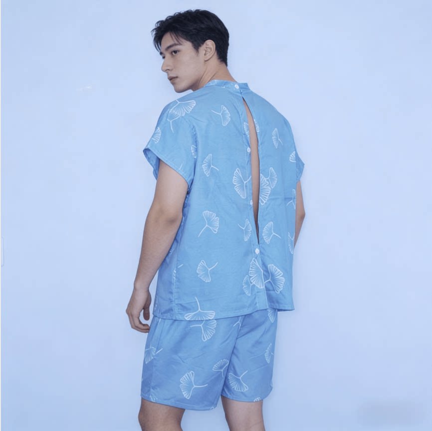  浅蓝竹叶汗蒸服 后背开扣 不汗蒸服