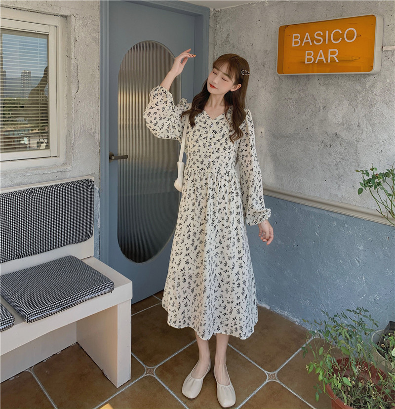 Real shot real price French retro V-Neck long sleeve floral waist skirt