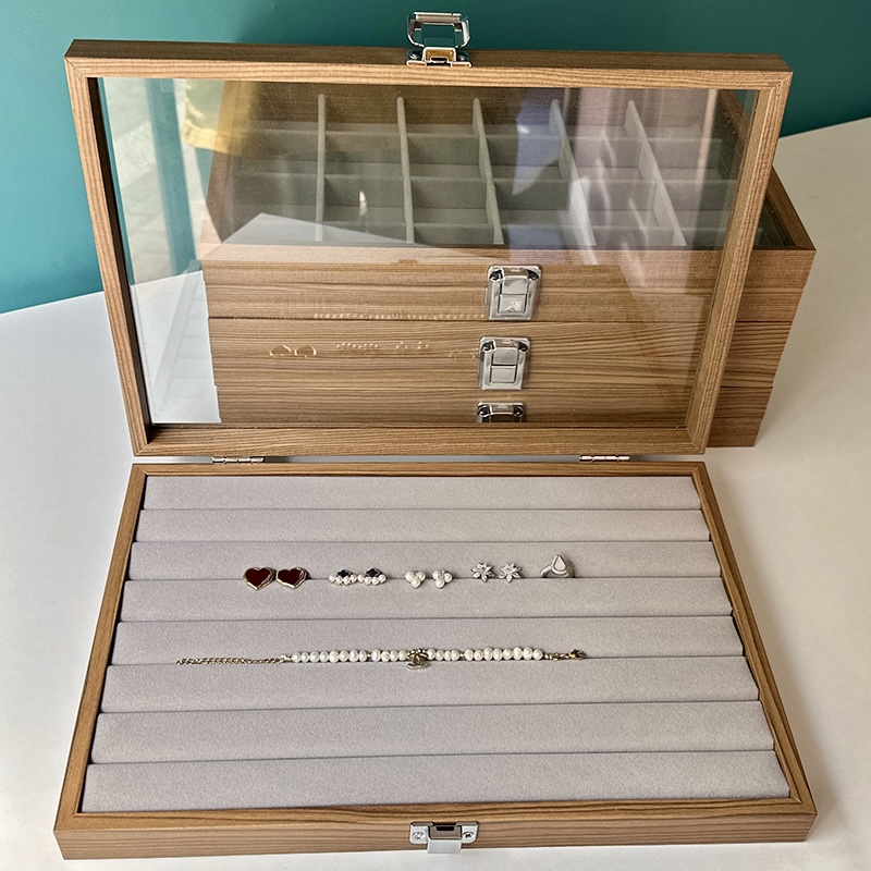 胡桃木色戒指收纳盒透明玻璃