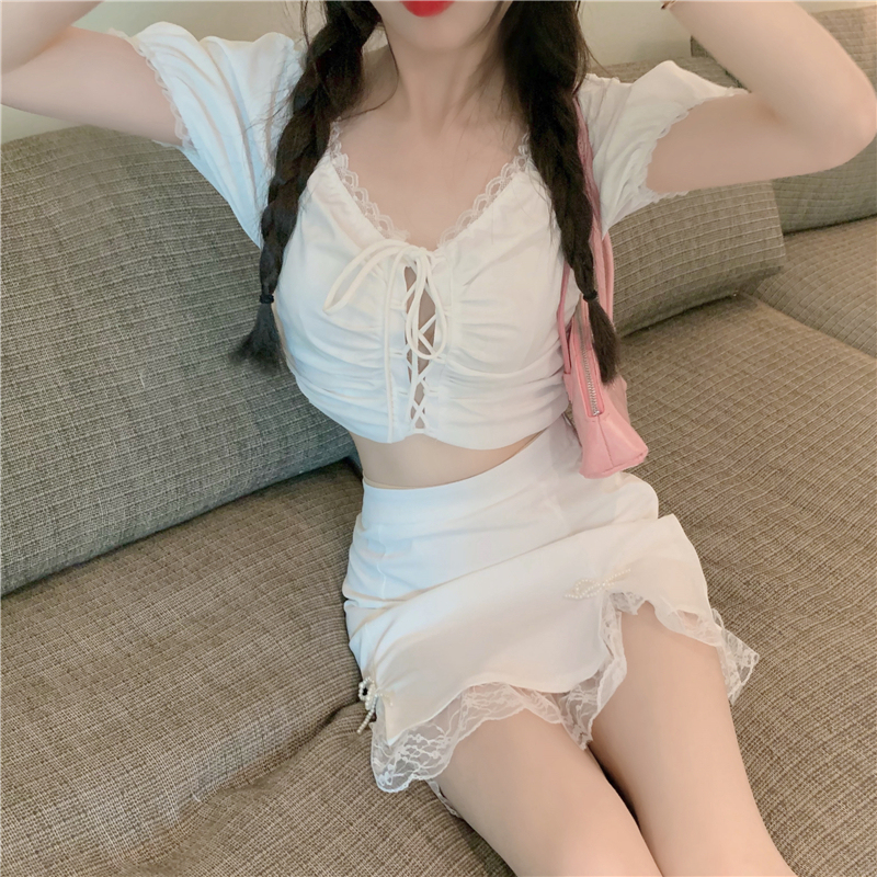 Real auction real price careful machine fold lace up square collar top high waist buttock split lace skirt two piece set