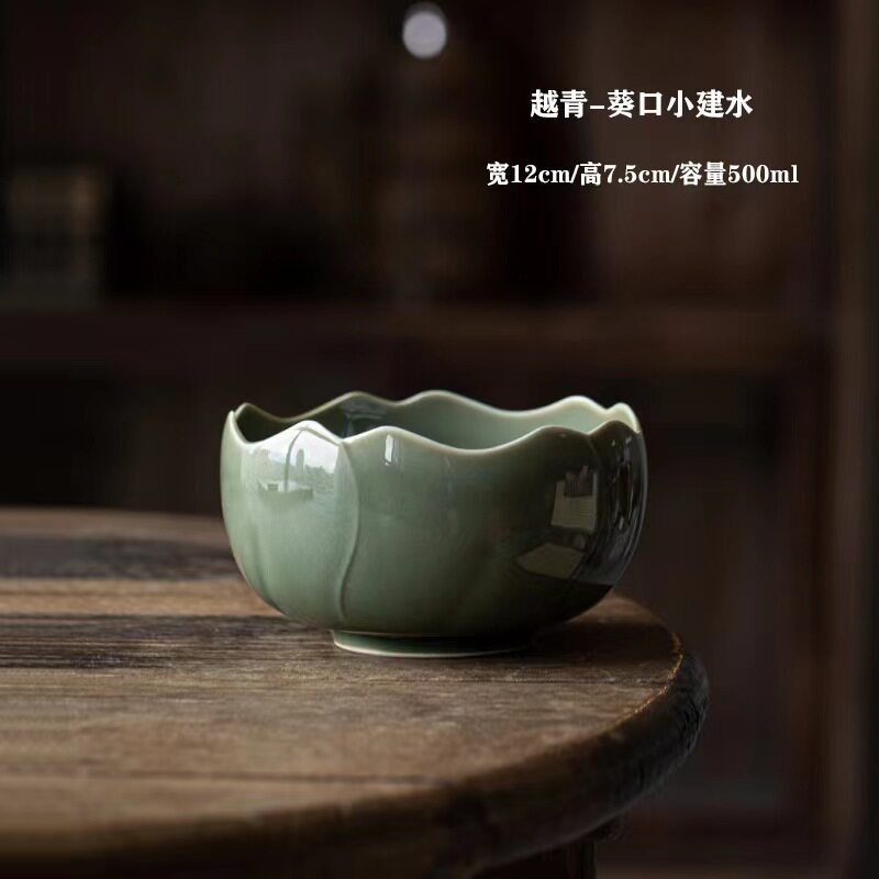 礼普越青陶瓷中式防烫手工茶洗带盖茶具配件茶桶茶渣缸葵口小建水