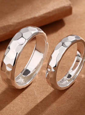 国潮复古锤纹藏银戒指男女对戒敲打素圈开口饰品情侣素银指环礼物