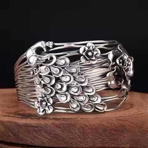 国潮复古孔雀花朵藏银手镯女士个性宽面镂空开口饰品素银手环礼物