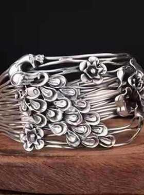 国潮复古孔雀花朵藏银手镯女士个性宽面镂空开口饰品素银手环礼物