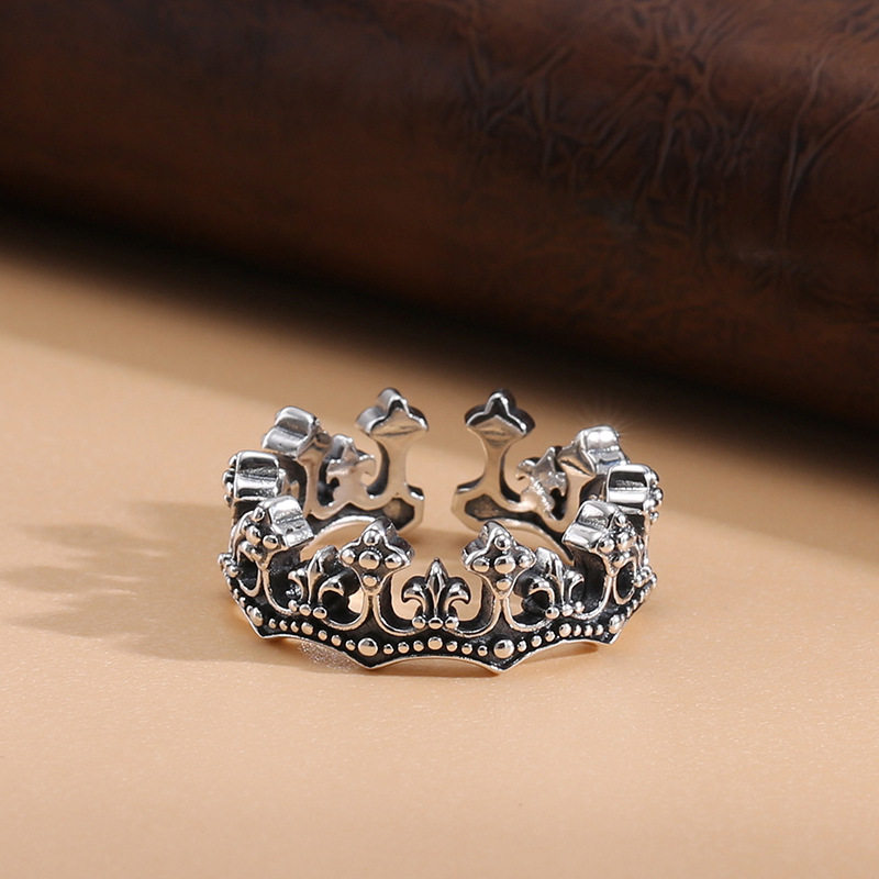 日韩复古皇冠藏银戒指女士个性百搭简约小众宫廷开口饰品指环礼物