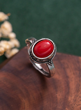 国潮中式雕花镶嵌红色石藏银戒指女士个性宫廷复古风小众指环礼物