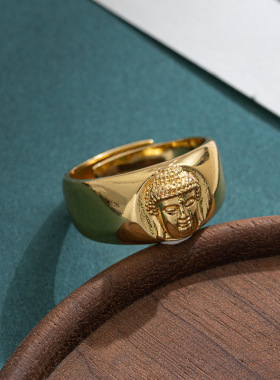 复古亚金色佛头福慧泰银戒指