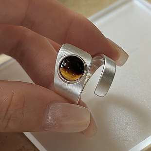 日韩复古黄晶石不规则藏银戒指女士个性小众开口饰品素银指环礼物