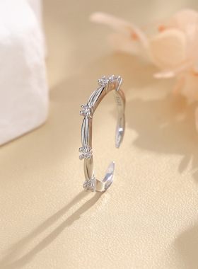 日韩复古交织水钻藏银戒指女士线条波浪关节开口饰品简约扭绳指环