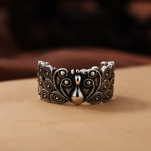 复古孔雀开屏泰银戒指女士吉祥如意图案百鸟朝凤开口饰品藏银指环
