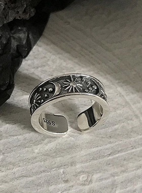 男女925银复古做旧暗黑星星月亮