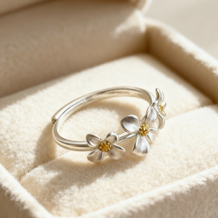 日韩复古栀子花藏银戒指女士气质个性清新三朵花开口饰品素银指环
