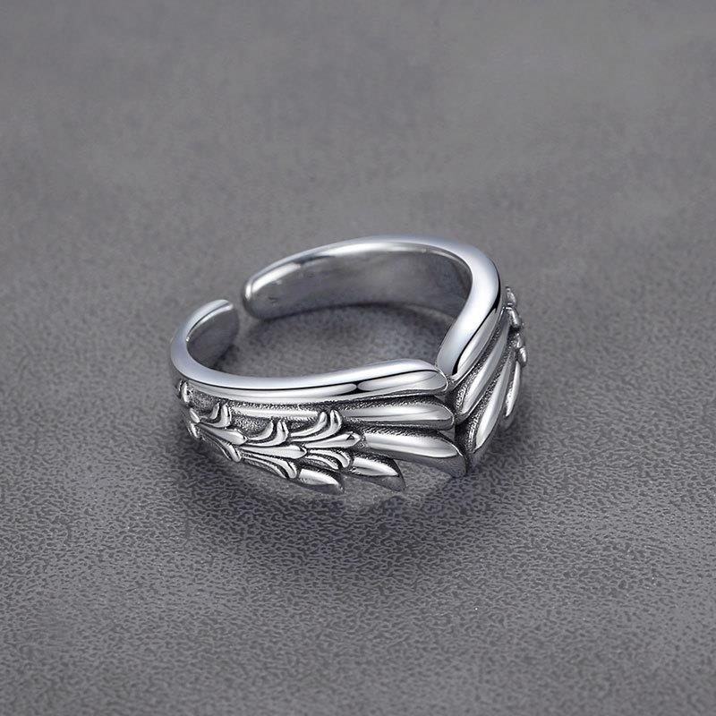 日韩复古天使翅膀守护怀抱藏银戒指女士个性开口饰品素银指环礼物