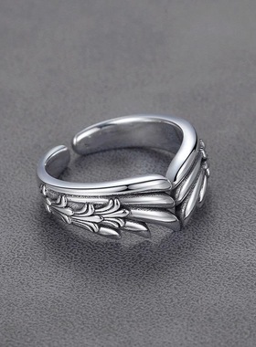 日韩复古天使翅膀守护怀抱藏银戒指女士个性开口饰品素银指环礼物