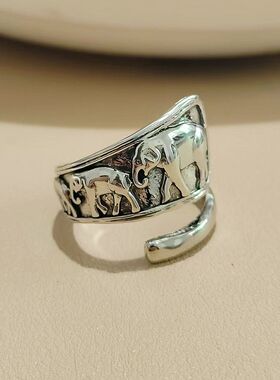 东南亚复古清迈大象藏银戒指女士个性开口饰品母子象素银指环礼物