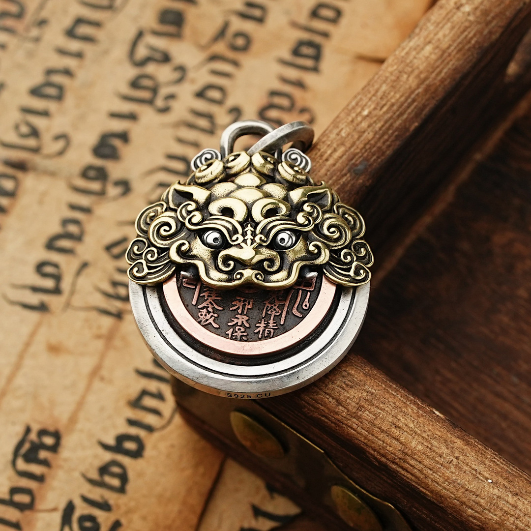 国潮复古唐狮吞钱泰银项链