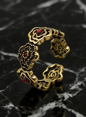 日韩复古黑金玫瑰藏银戒指女士个性镂空时尚开口饰品素银指环礼物