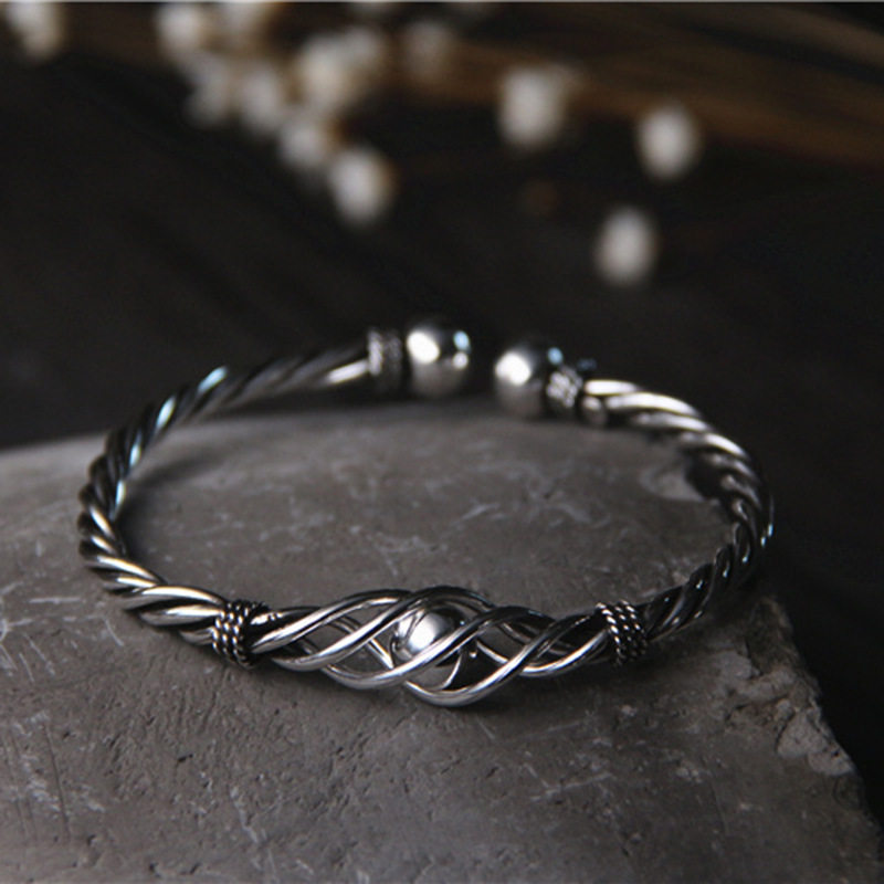 国潮复古灵气玲珑珠藏银手镯女士个性麻花扭纹开口手环生日礼物潮