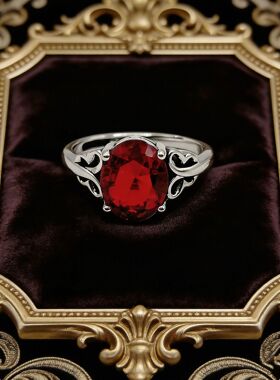 欧美复古暗黑风红色石藏银戒指女士个性轻奢开口饰品素银指环礼物
