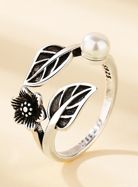 日韩复古仿珍珠桃花树叶花朵藏银戒指女士个性开口可调节指环礼物
