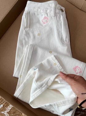 美式白色可爱kitty卡通童装牛仔裤女夏季设计感直筒阔腿梧桐裤子