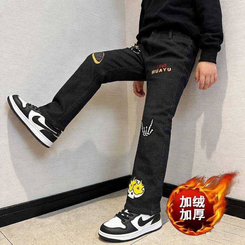 美式复古仿刺绣印花骷髅炸弹字母童装牛仔裤潮流秋冬加绒加厚男童,童装/婴儿装/亲子装,儿童牛仔裤,淘宝优惠券,粉丝福利购,淘宝优惠卷