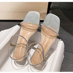 一字带透明pvc气质水钻粗高跟凉鞋 百丽夏季 仙女风法式 2024新款 女