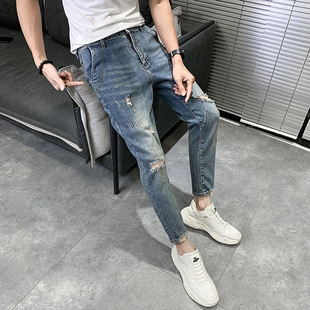 修身 矮个子160男韩版 休闲九分裤 27码 小码 26男生破洞裤 休闲牛仔裤