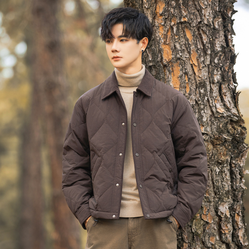 潮牌灯芯绒方领菱形休闲90%羽绒服冬季小码S号S外套男简约羽绒衣