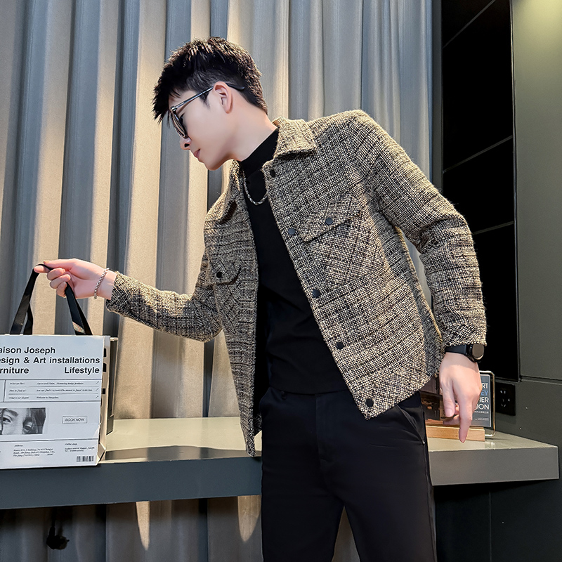 155毛呢外套男青年款冬季短款小码小个子修身XS夹克休闲翻领加厚